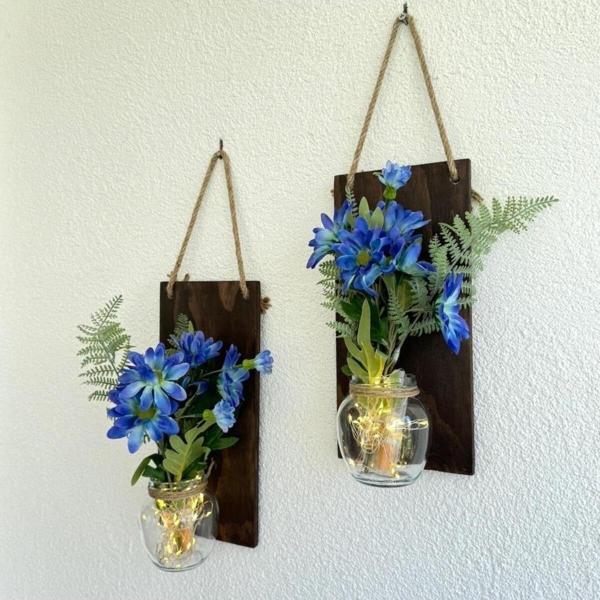 ST Dekor Led Işıklı, Mavi Biçme Çiçekli Duvar Dekoru Ceviz İkili Set - Image 1