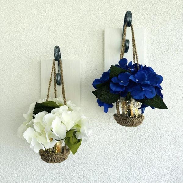 ST Dekor Duvar Dekoru, Led Işıklı, Mavi Ve Beyaz Ortanca Çiçekli, Beyaz Aplik İkili Set - Image 1