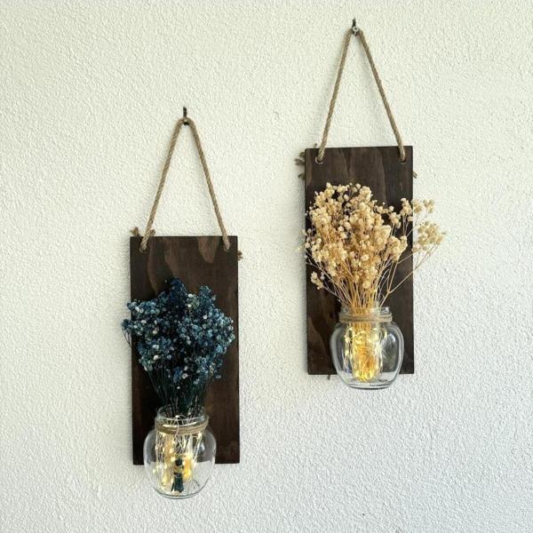 ST Dekor Led Işıklı, Mavi Ve Krem Cipso Çiçekli Duvar Dekoru Ceviz İkili Set - Image 1