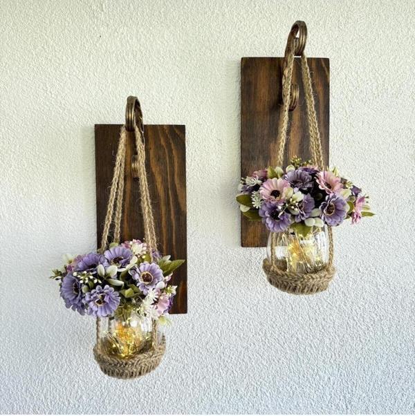 ST Dekor Duvar Dekoru, Led Işıklı, Pastel Lila Papatya Çiçekli, Ceviz Aplik İkili Set - Image 1