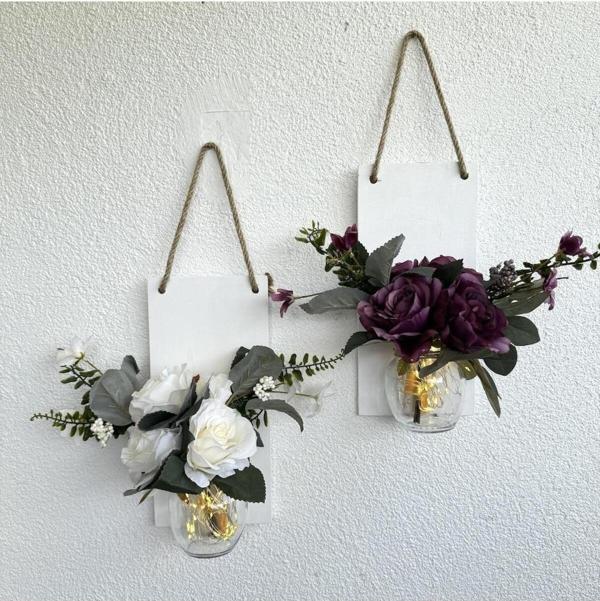 ST Dekor Led Işıklı, Mor Ve Beyaz Gül Çiçekli Duvar Dekoru Beyaz I?Kili Set - Image 1