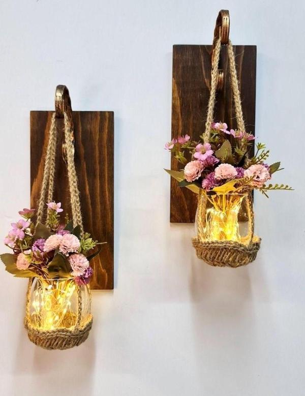 ST Dekor Duvar Dekoru, Led Işıklı, Pembe Karanfil Çiçekli, Ceviz Aplik İkili Set - Image 1