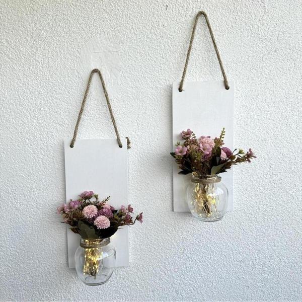 ST Dekor Led Işıklı, Pembe Karanfil Çiçekli Duvar Dekoru Beyaz İkili Set - Image 1