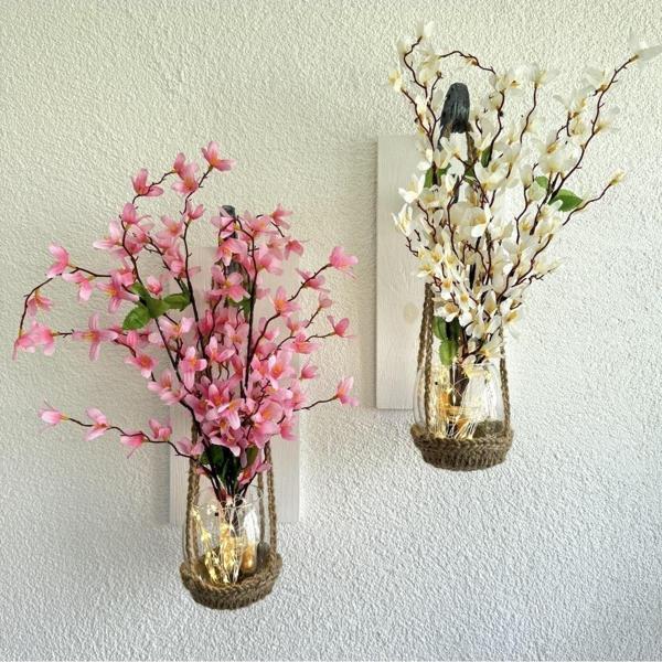 ST Dekor Duvar Dekoru, Led Işıklı, Pembe Ve Beyaz Sakura Çiçekli, Beyaz Aplik İkili Set - Image 1