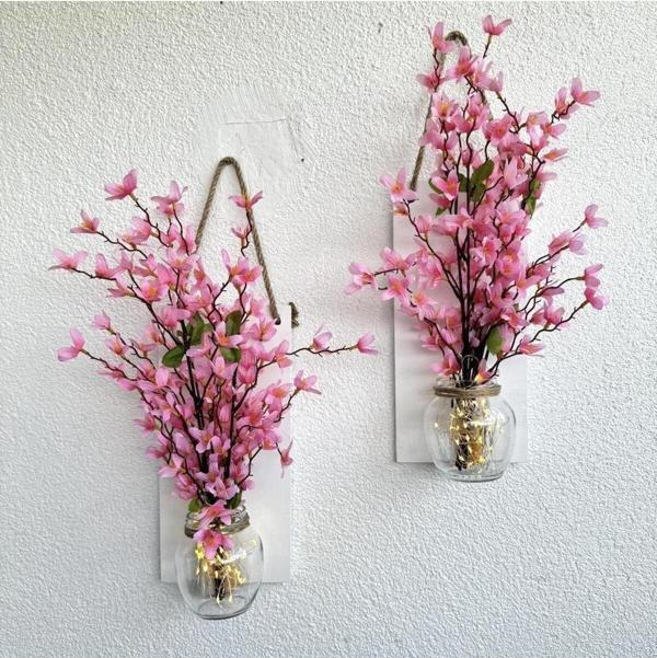 ST Dekor Led Işıklı, Pembe Sakura Çiçekli Duvar Dekoru Beyaz İkili Set - Image 1