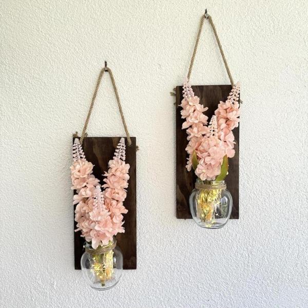 ST Dekor Led Işıklı, Pembe Şebboy Çiçekli Duvar Dekoru Ceviz İkili Set - Image 1