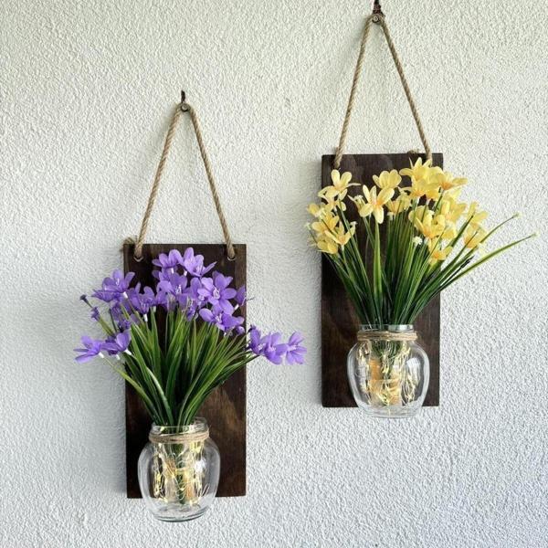 ST Dekor Led Işıklı, Sarı Ve Lila Nergis Çiçekli Duvar Dekoru Ceviz İkili Set - Image 1