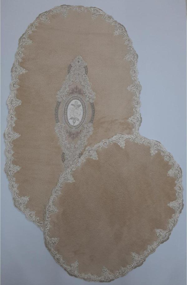Çalışkan Çeyiz Evi Oval Fransız Dantelli Aplikli Banyo Paspas Seti - 2Li Çeyizlik Set - Cappucino - Image 1