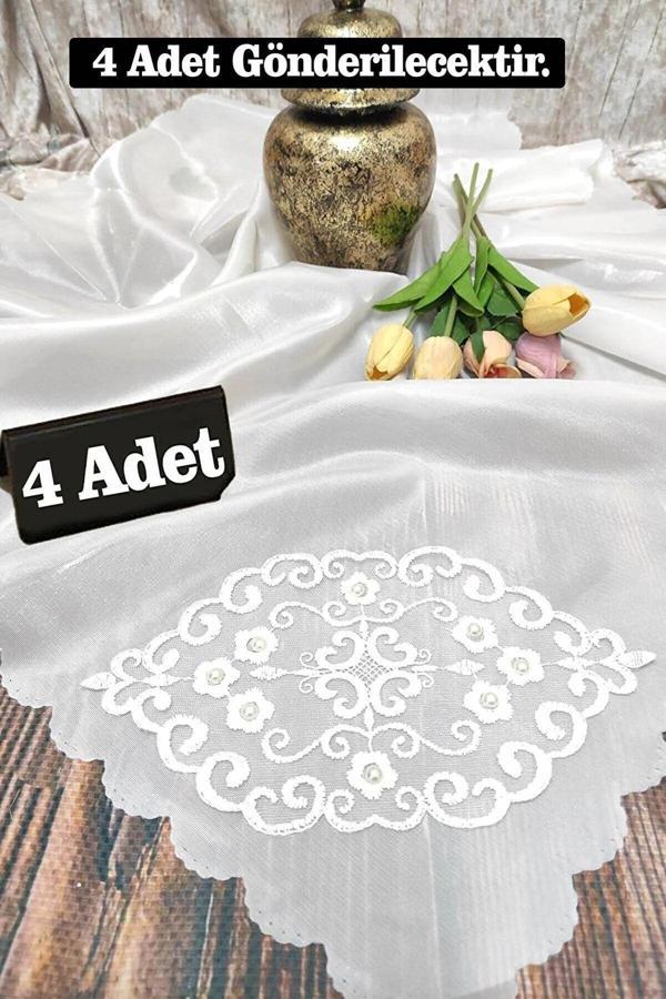 Çeyizci 4 Adet Çeyizlik Bohça, Saten Bohça Dantelli Nişan Bohçası - Krem - Image 1