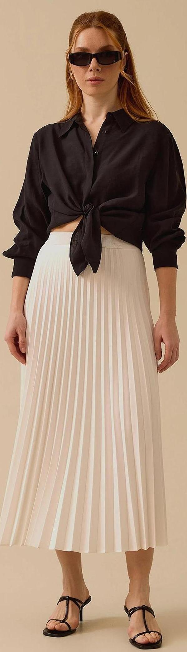 Seçil Kadın Elastik Bel Pliseli Etek 1011 Ekru - Image 1