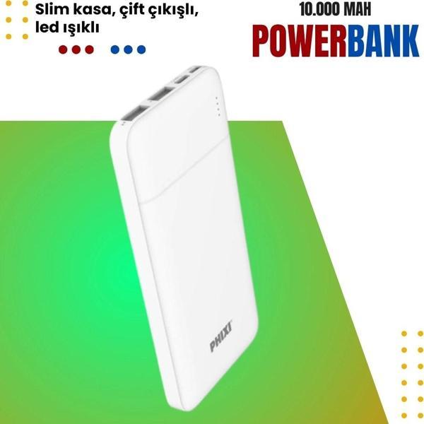 Phixi Basic P10 10.000mAh Slim Powerbank - Çift Çıkışlı, 2.1A Hızlı Şarj, Ergonomik Tasarım - Image 1