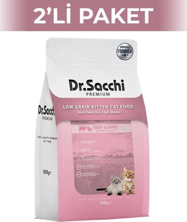 Dr.Sacchi Premium Düşük Tahıllı Sığır ve Kuzu Etli Yavru Kedi Maması 1 kg 2 Adet - Image 1