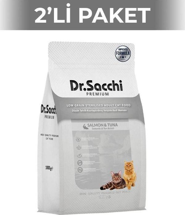 Dr.Sacchi Premium Düşük Tahıllı Somonlu ve Ton Balıklı Kısırlaştırılmış Kedi Maması 1 kg 2 Adet - Image 1