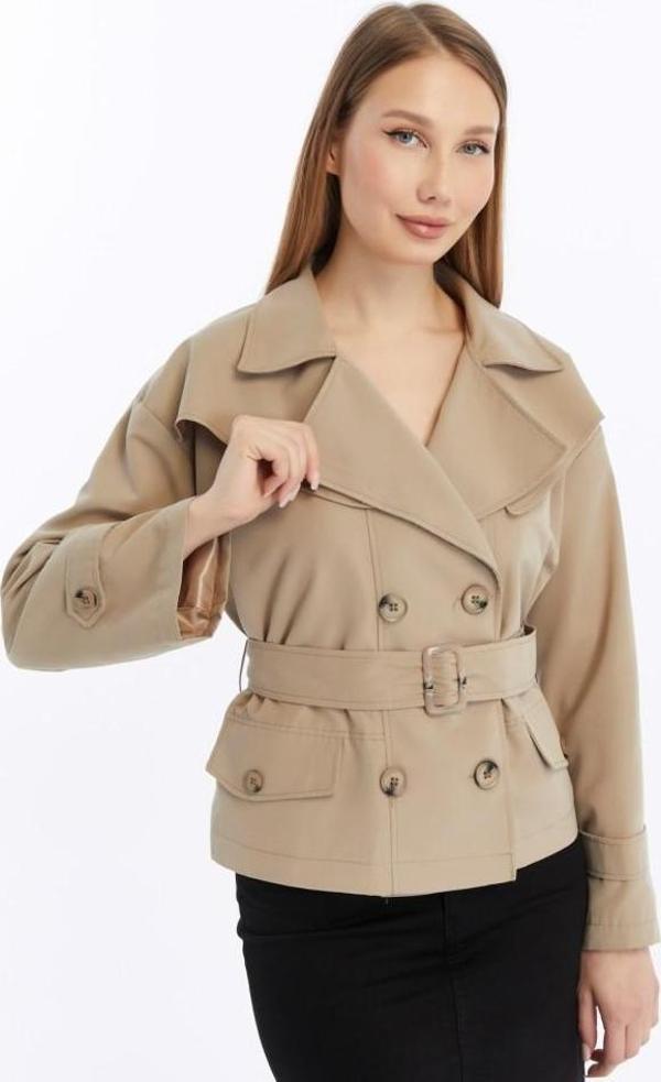Çift Yakalı Kısa Kadın Trençkot - Image 1