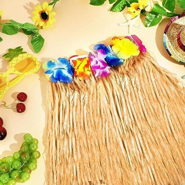 Nessiworld Yetişkin ve Çocuk Uyumlu Saman Renk Hawaii Luau Hula Etek 40 cm 12 Adet - Image 1