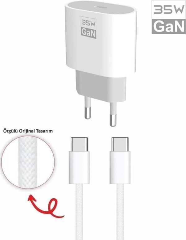 PDAteknoloji 35 watt GaN Type-C Çıkışlı Hızlı Şarj Başlık Adaptör + 1m Type-C to Type-C Hızlı Şarj Kablosu GaN Teknoloji - Image 1
