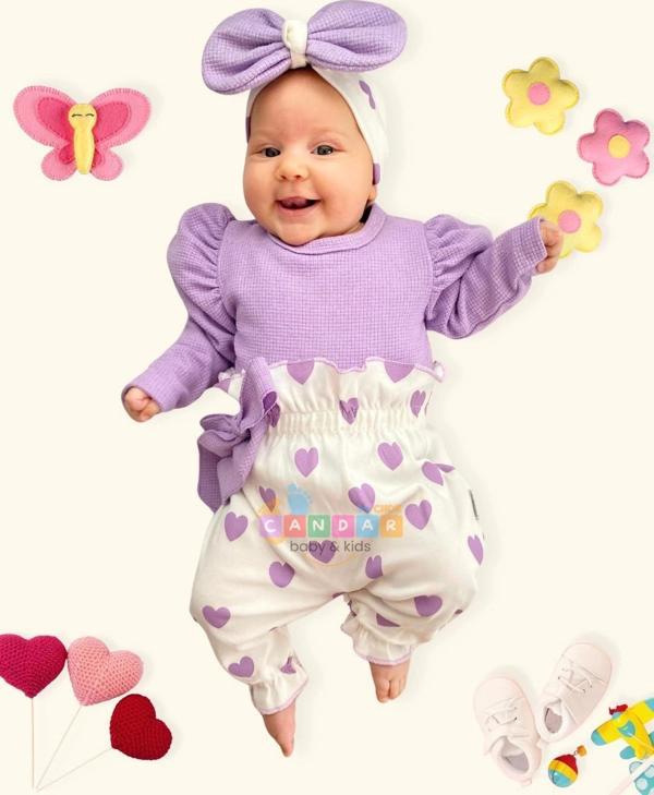3-9 Ay Kız Bebek Kalp Waffle Bandanalı 2'li Tulum Lila - Image 1