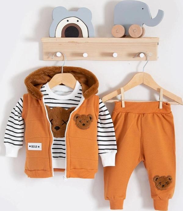 3-18 Ay Erkek Bebek Takımı Peluş Ayıcık Kapişon 3'lü Turuncu - Image 1