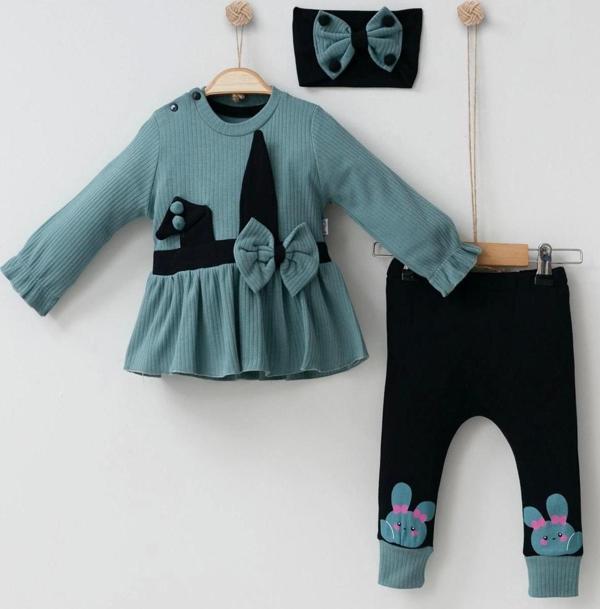 3-9 Ay Kız Bebek Takımı Tavşan Kulaklı Fiyonk Bandanalı Yeşil - Image 1