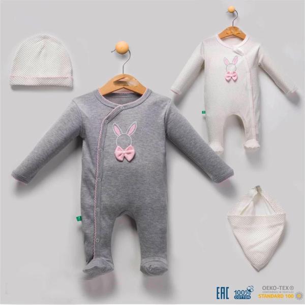 3-6 Ay Tavşan Desenli Fiyonklu Kız Bebek 4'lü Tulum Seti Gri - Image 1