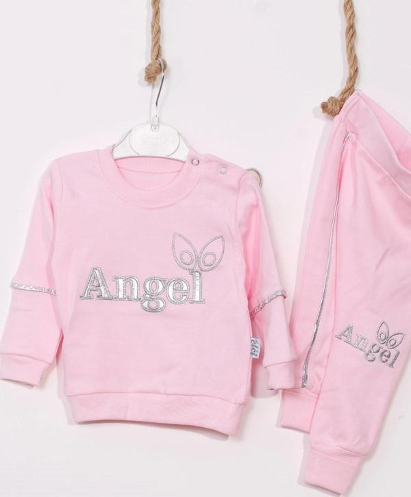 3-9 Ay Kız Bebek Alt&Üst Takımı Angel Kanat Detay Pembe - Image 1