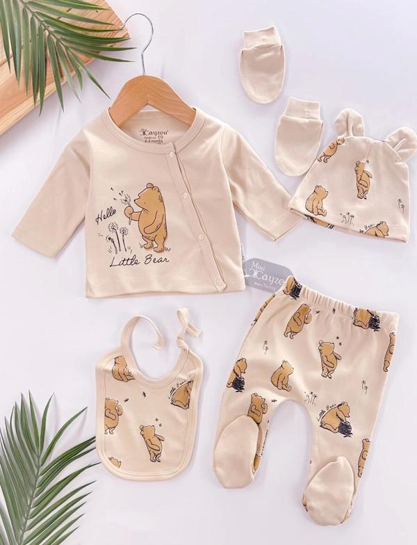 Hello Little Bear Yandan Çıtçıtlı Yenidoğan %100 Pamuk 5li Set - Image 1
