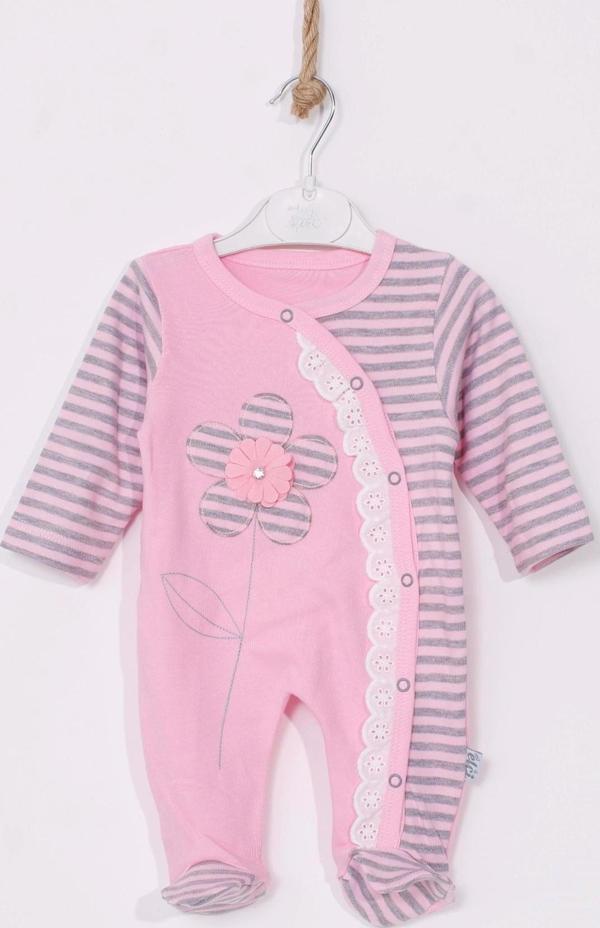 3-9 Ay Kız Bebek Tulumu Çiçek Nakışlı Ayaklı Pembe - Image 1