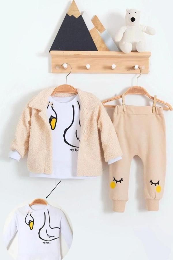 3-18 Ay Kız Bebek Takımı Peluş Hırkalı 3 Lü Krem - Image 1