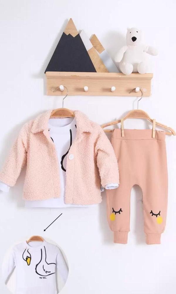 3-18 Ay Kız Bebek Takımı Peluş Hırkalı 3 Lü Açık Pembe - Image 1