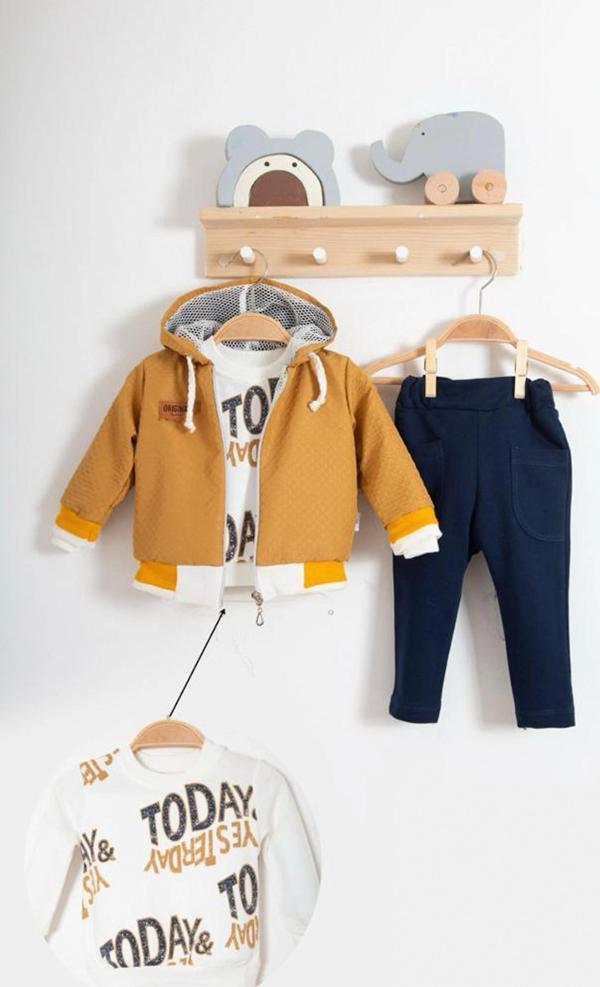 3-18 Ay Erkek Bebek Today Baskılı Yağmurluk 3'lü Takım Hardal - Image 1