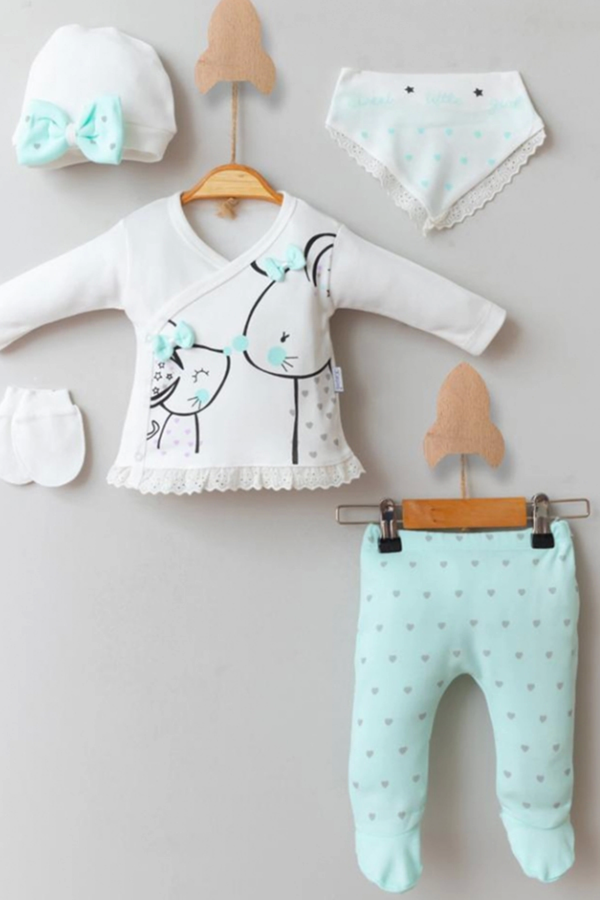 3 Ay Kız Bebek Little Mause 5'li Hastane Çıkış Seti Yeşil - Image 1