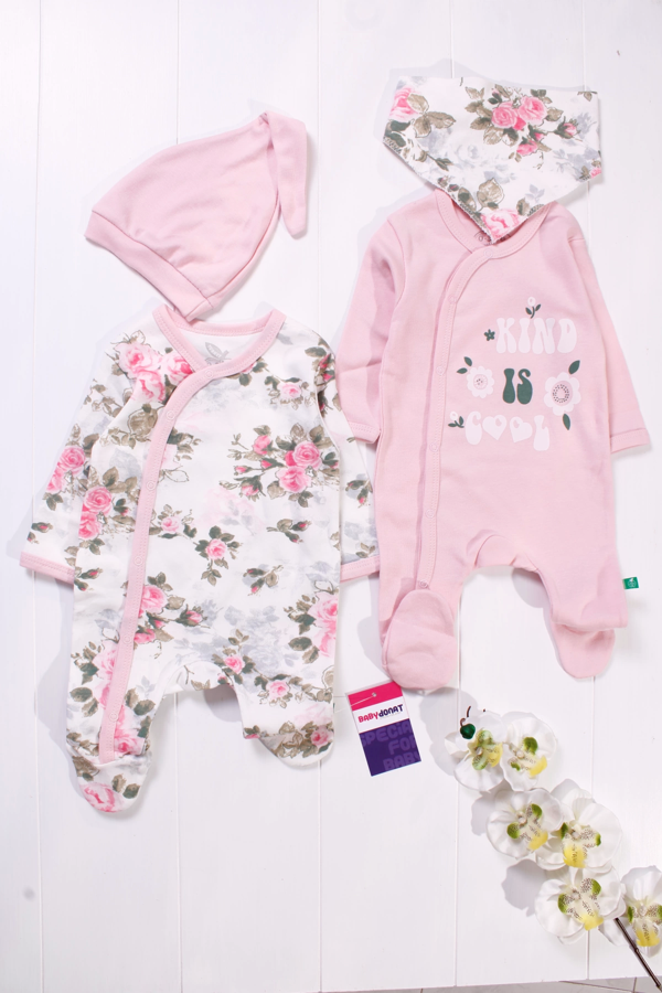 3-6 Ay Kind is Cool Nakışlı Kız Bebek 4'lü Tulum Seti Pembe - Image 1