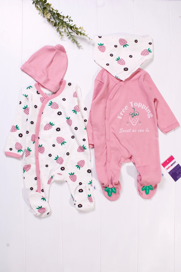 3-6 Ay Çilek Kız Bebek 4'lü Tulum Seti Pembe - Image 1
