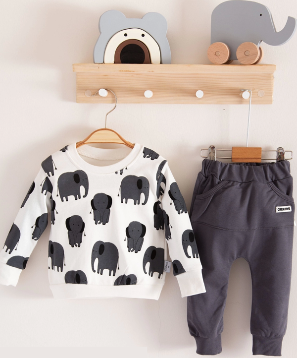 3-18 Ay Erkek Bebek Alt&Üst Takımı Fil 2'li Gri - Image 1