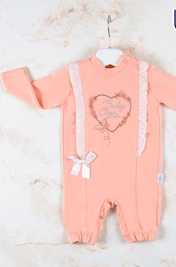 3-12 Ay Kız Bebek Tulumu Love Kalp Nakışlı Somon - Image 1