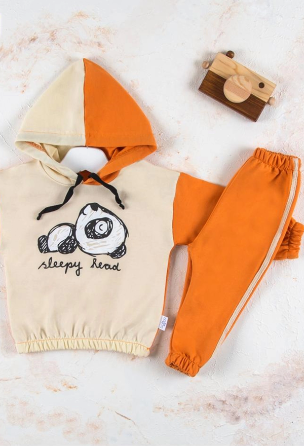 6-24 Ay Erkek Bebek Takımı Panda Kapişonlu Turuncu - Image 1