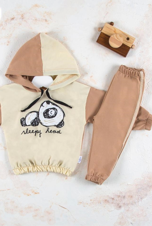 6-24 Ay Erkek Bebek Takımı Panda Kapişonlu Krem - Image 1