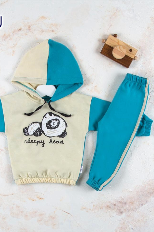 6-24 Ay Erkek Bebek Takımı Panda Kapişonlu Mavi - Image 1