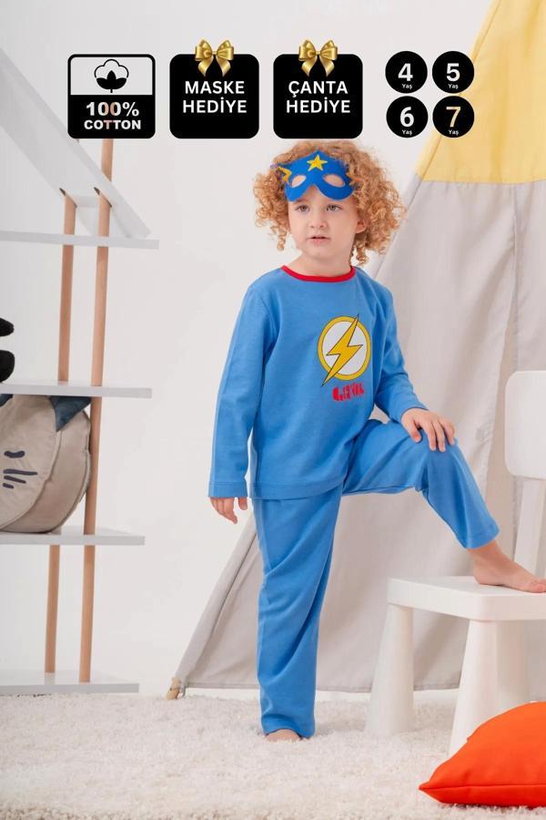 4-7 Yaş Heros Çanta Ve Maskeli Erkek Çocuk Pijama Takımı Koyu Mavi - Image 1