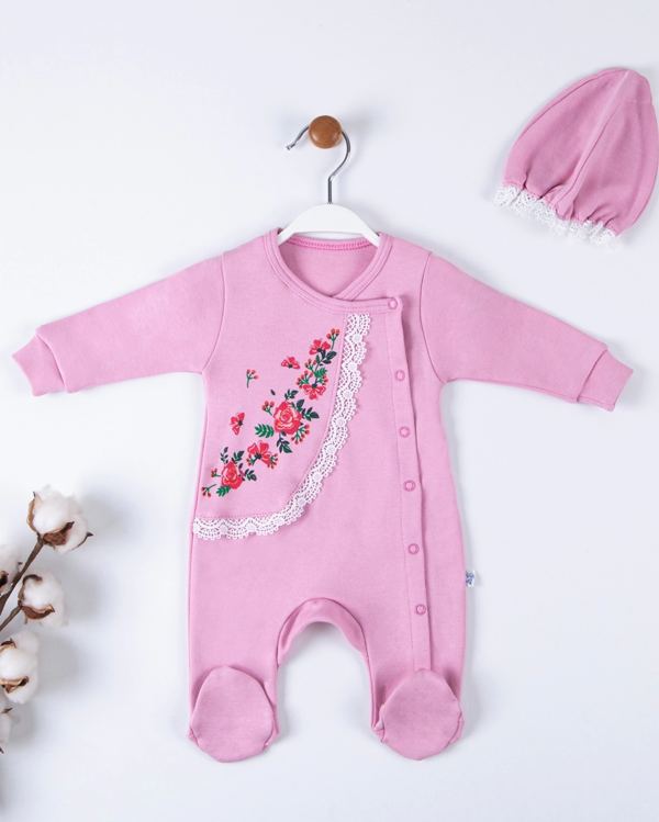 3-9 Ay Kız Bebek Tulumu Çiçek Nakışlı Şapkalı Pembe - Image 1