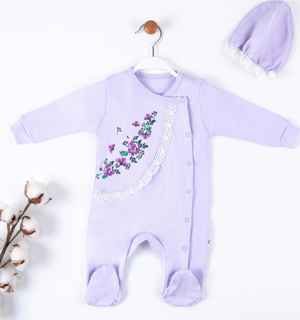 3-9 Ay Kız Bebek Tulumu Çiçek Nakışlı Şapkalı Lila - Image 1