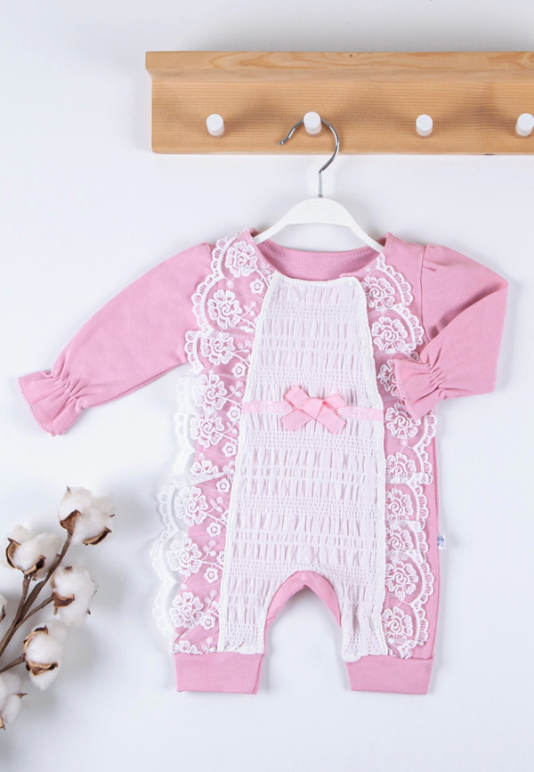 3-9 Ay Kız Bebek Tulumu Gofra Fransız Güpürlü Pembe - Image 1