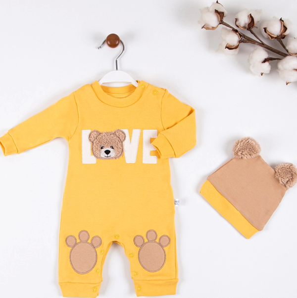 3-9 Ay Erkek Bebek Tulumu Love Bear Nakışlı Sarı - Image 1