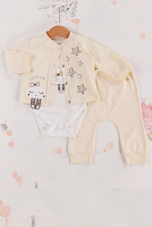 3-9 Ay Kız Bebek Takımı Lovely Yıldız 3'lü Hırkalı Krem - Image 1