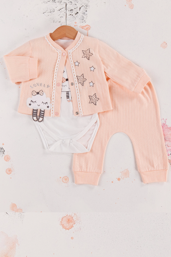 3-9 Ay Kız Bebek Takımı Lovely Yıldız 3'lü Hırkalı Somon - Image 1