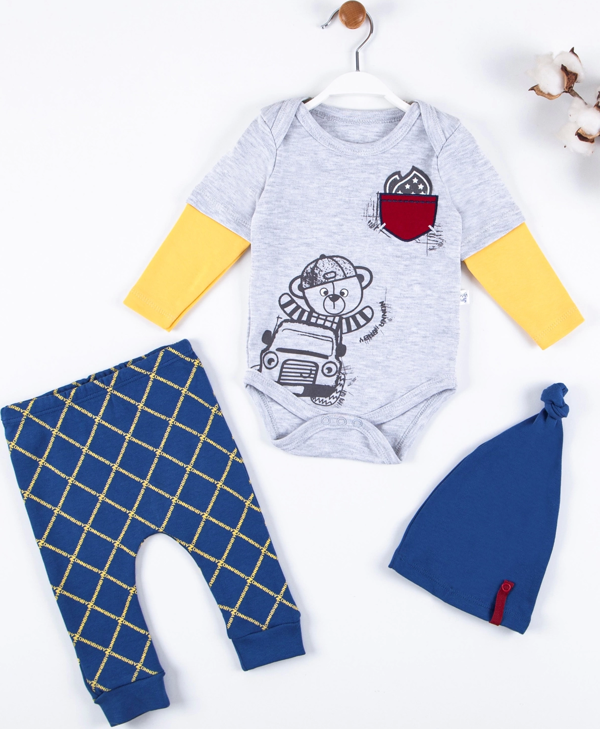3-12 Ay Erkek Bebek Takımı Cep Nakışlı Bear 3'lü Lacivert - Image 1