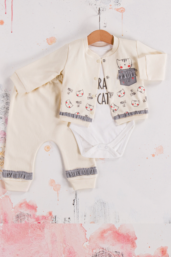 3-9 Ay Kız Bebek Alt&Üst Takımı Kedi 3'lü Hırkalı Krem - Image 1
