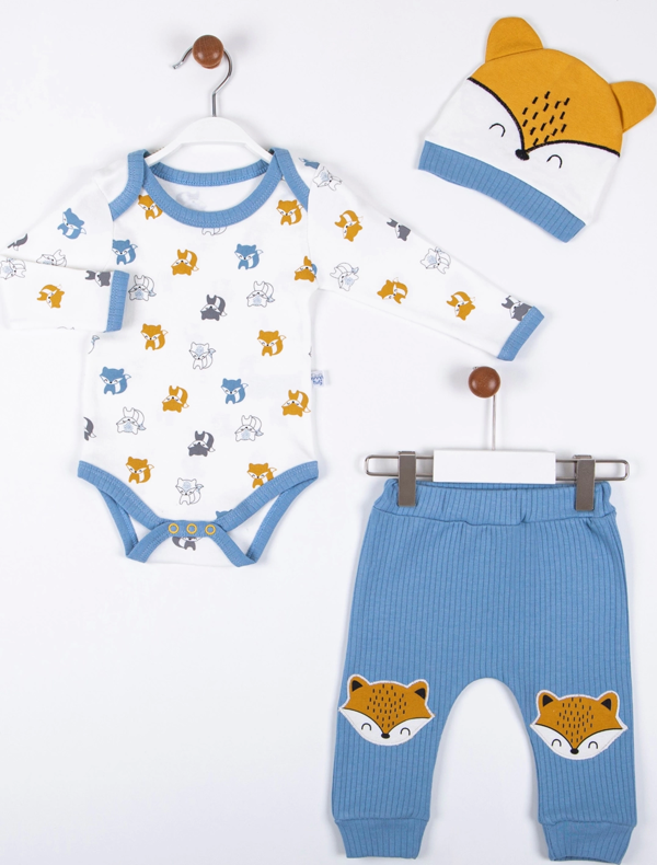 3-12 Ay Erkek Bebek Alt&Üst Takımı Little Fox 3'lü Mavi - Image 1
