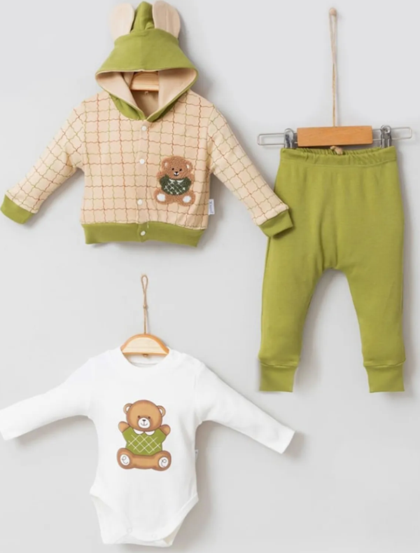 3-9 Ay Bear Çizgili Hırkalı 3'lü Bebek Takımı Yeşil - Image 1