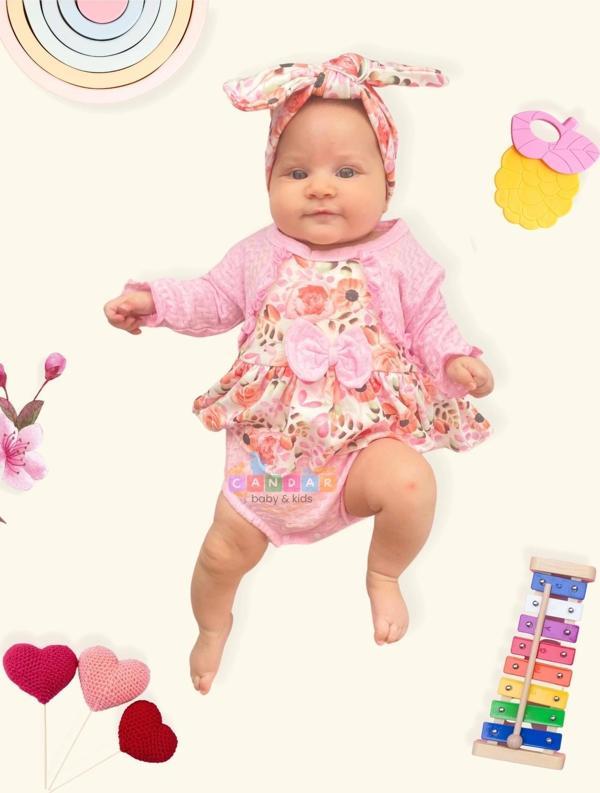 3-12 Ay Bahar Çiçekleri Bandanalı Kız Bebek Romper Pembe - Image 1